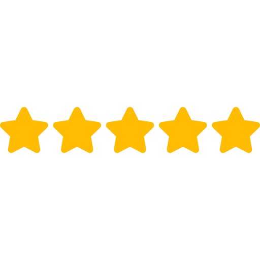 Five yellow stars are lined up in a row on a white background.