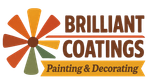 Logo for Brilliant Coatings: brown text, windmill graphic in orange, yellow, and green, with 