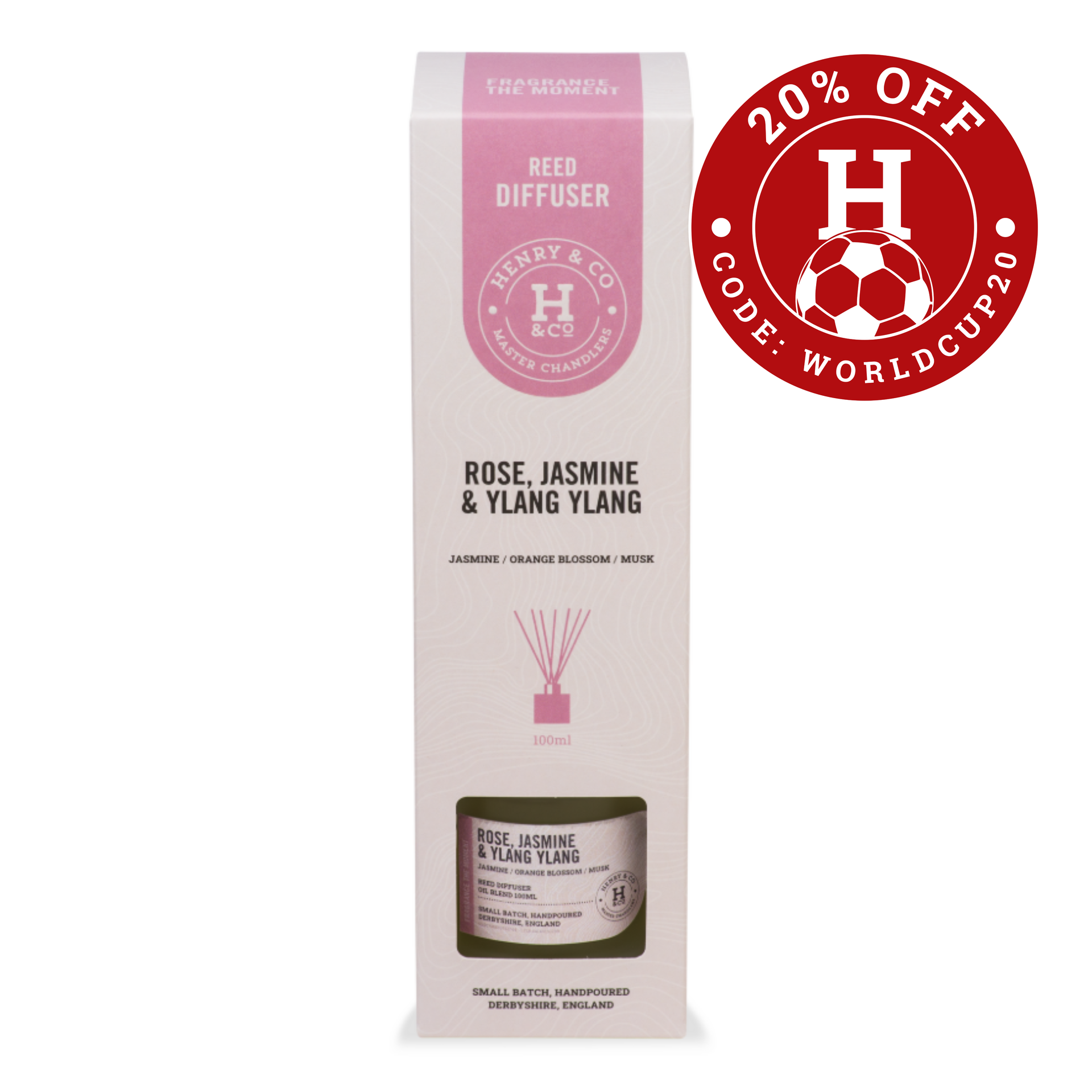 rose, jasmine & ylang ylang reed diffuser packaged