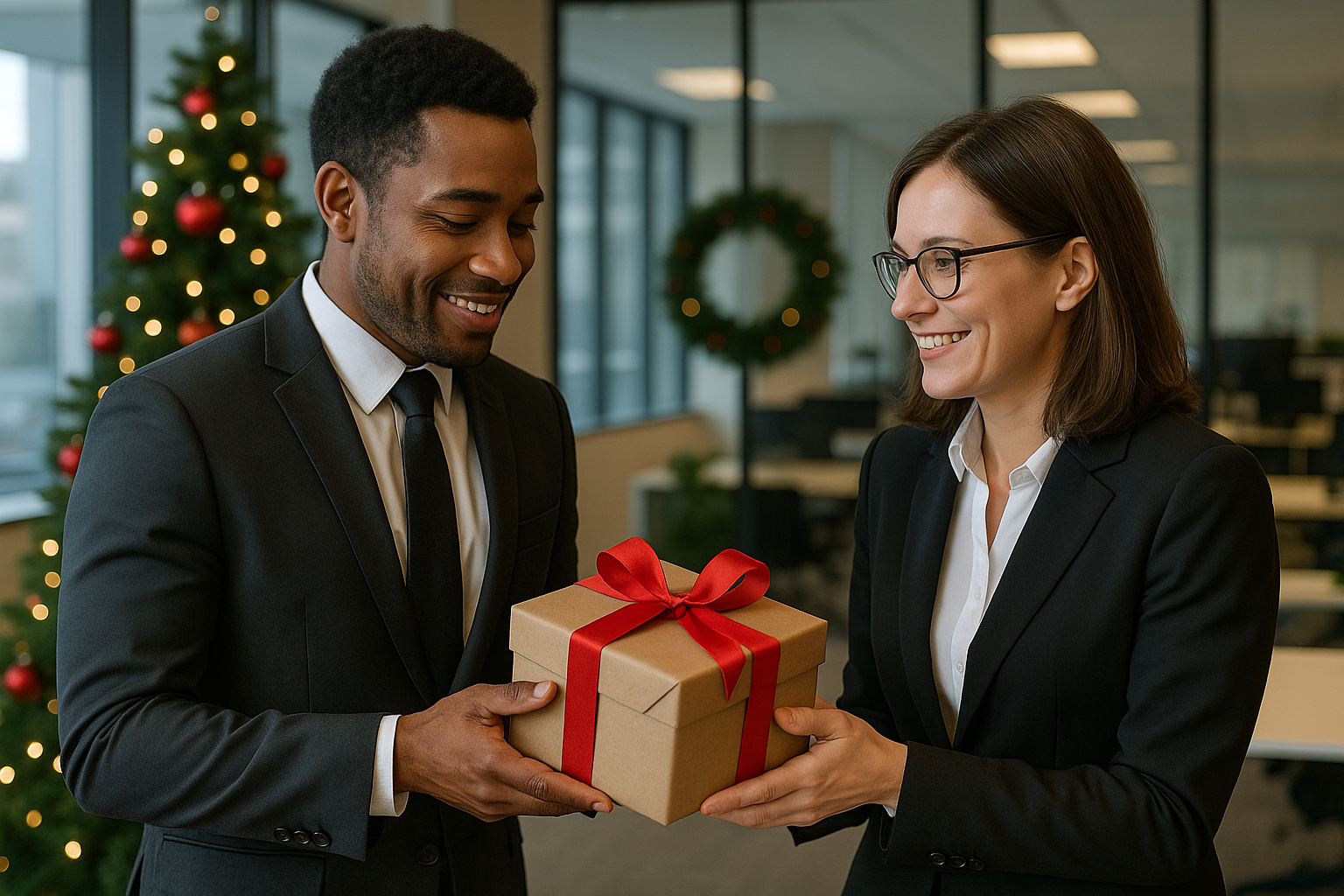 2 work friends giving eachother a christmas present