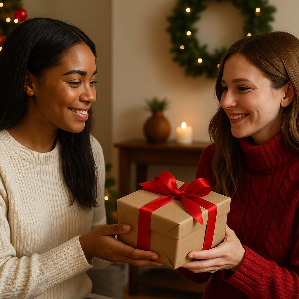 2 friends giving eachother a christmas present filled with home fragrence gifts