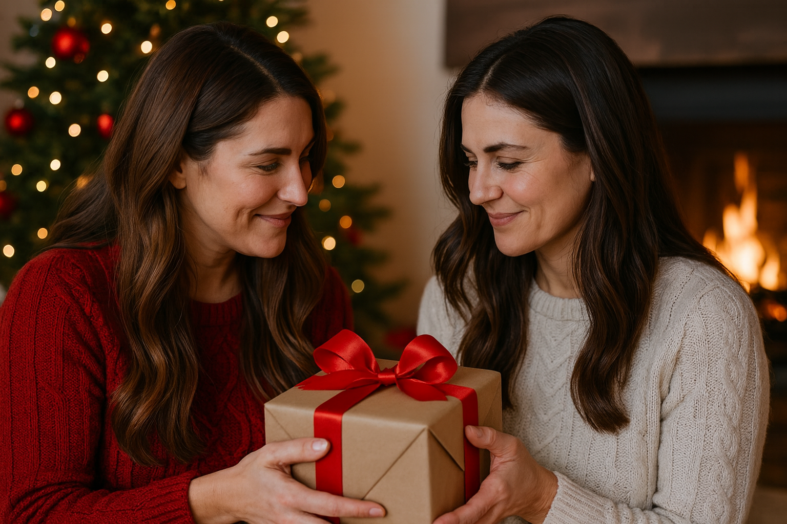 2 sisters giving echother present filled with henry and co products