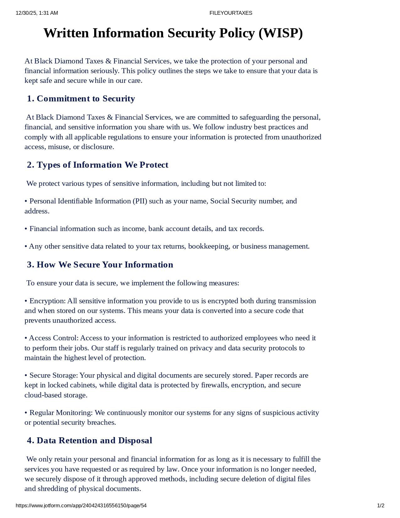 Written Information Security Policy document.