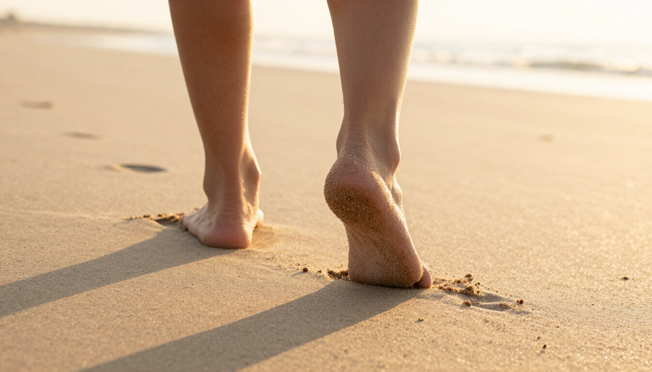 A person walking on a sunny beach representing summer foot safety.