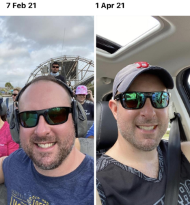 Two pictures of a man wearing sunglasses and headphones