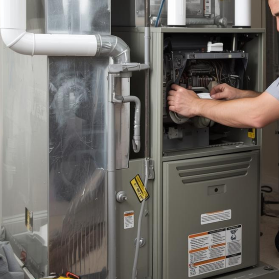A technician works inside the open upper compartment of a grey residential HVAC furnace unit.
