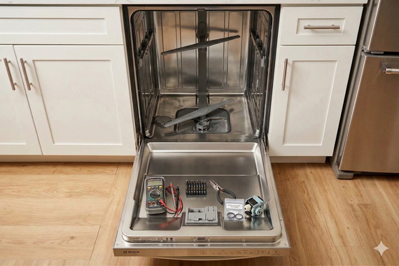 An open dishwasher with repair tools, a multimeter, and replacement parts arranged on the inner door in a kitchen.
