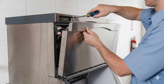 A technician uses a screwdriver to remove the stainless steel front panel from a commercial ice maker.