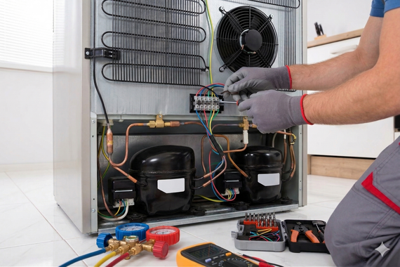 A technician in grey work clothes and gloves repairs the electrical wiring on the back of a refrigerator.