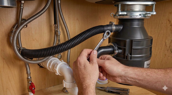Hands using a wrench to tighten a hose clamp on a garbage disposal under a kitchen sink.