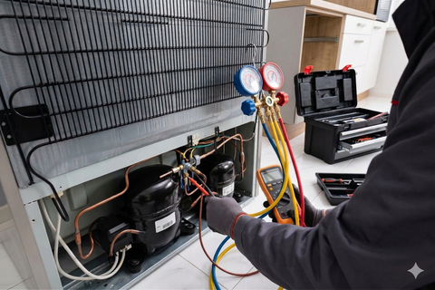 A technician uses a manifold gauge set to service the compressor and coils on the back of a refrigerator.