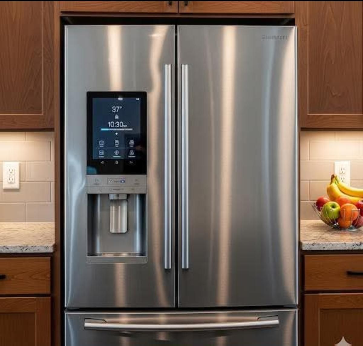 A stainless steel French door refrigerator with a digital touchscreen display and water dispenser in a kitchen.