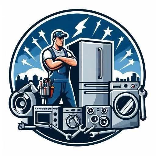 A technician with crossed arms stands before a refrigerator, washer, and other appliances, set against a blue city backdrop.