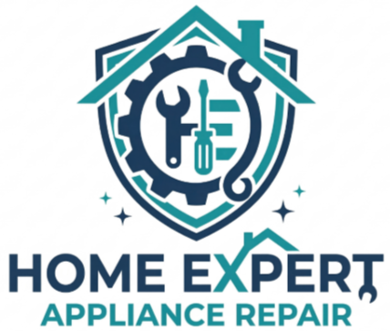Logo for Home Expert Appliance Repair featuring a gear and tools inside a shield topped with a roof outline.