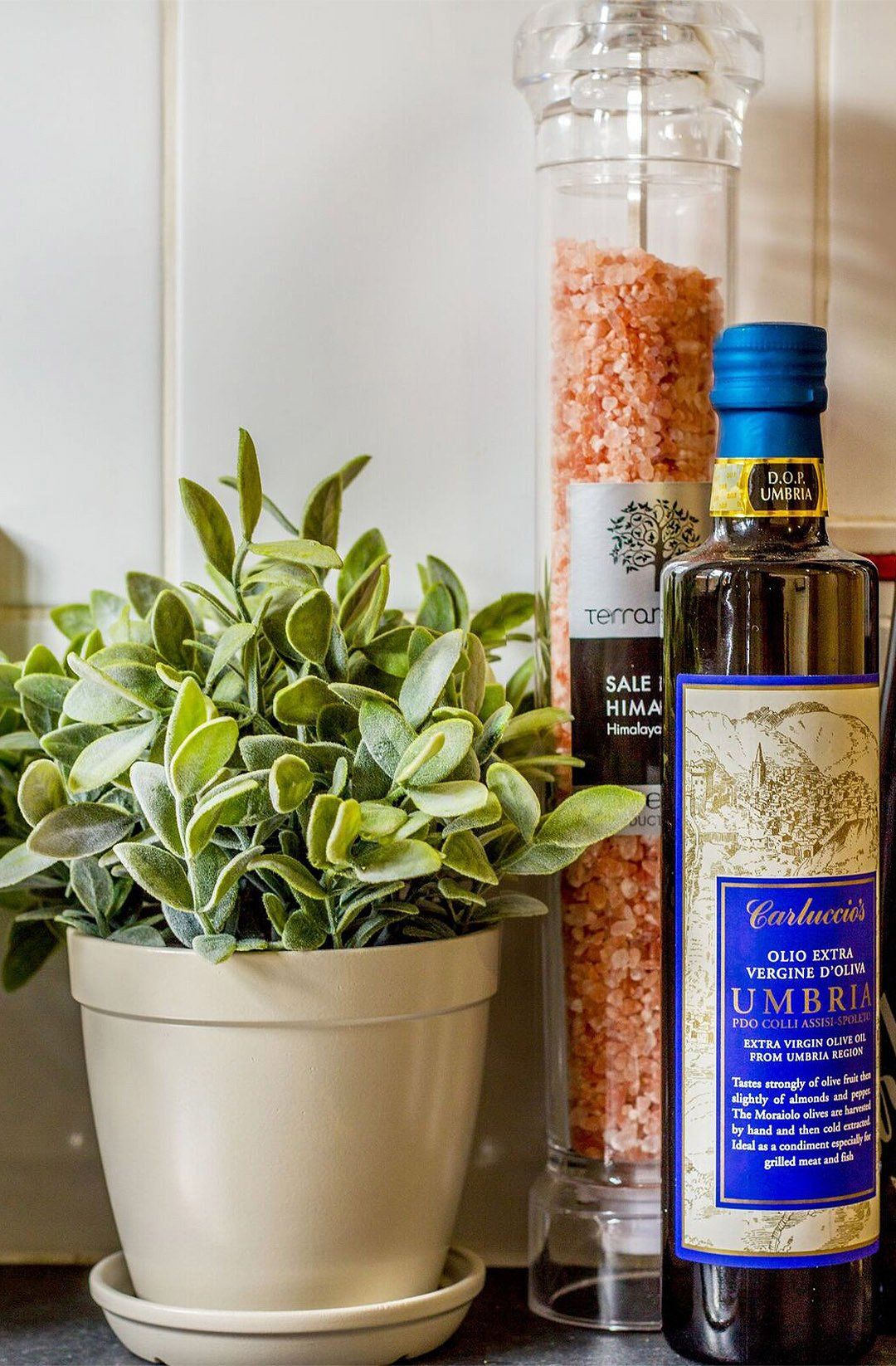 Plants, pink salt and olive oil bottle closeup interior design