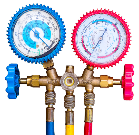 two pressure gauges with blue and red handles on a white background