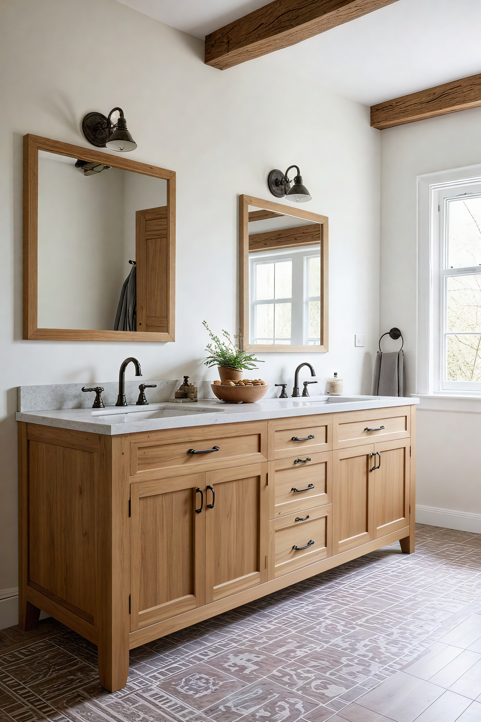A bathroom with a tub, sink, mirror and window.