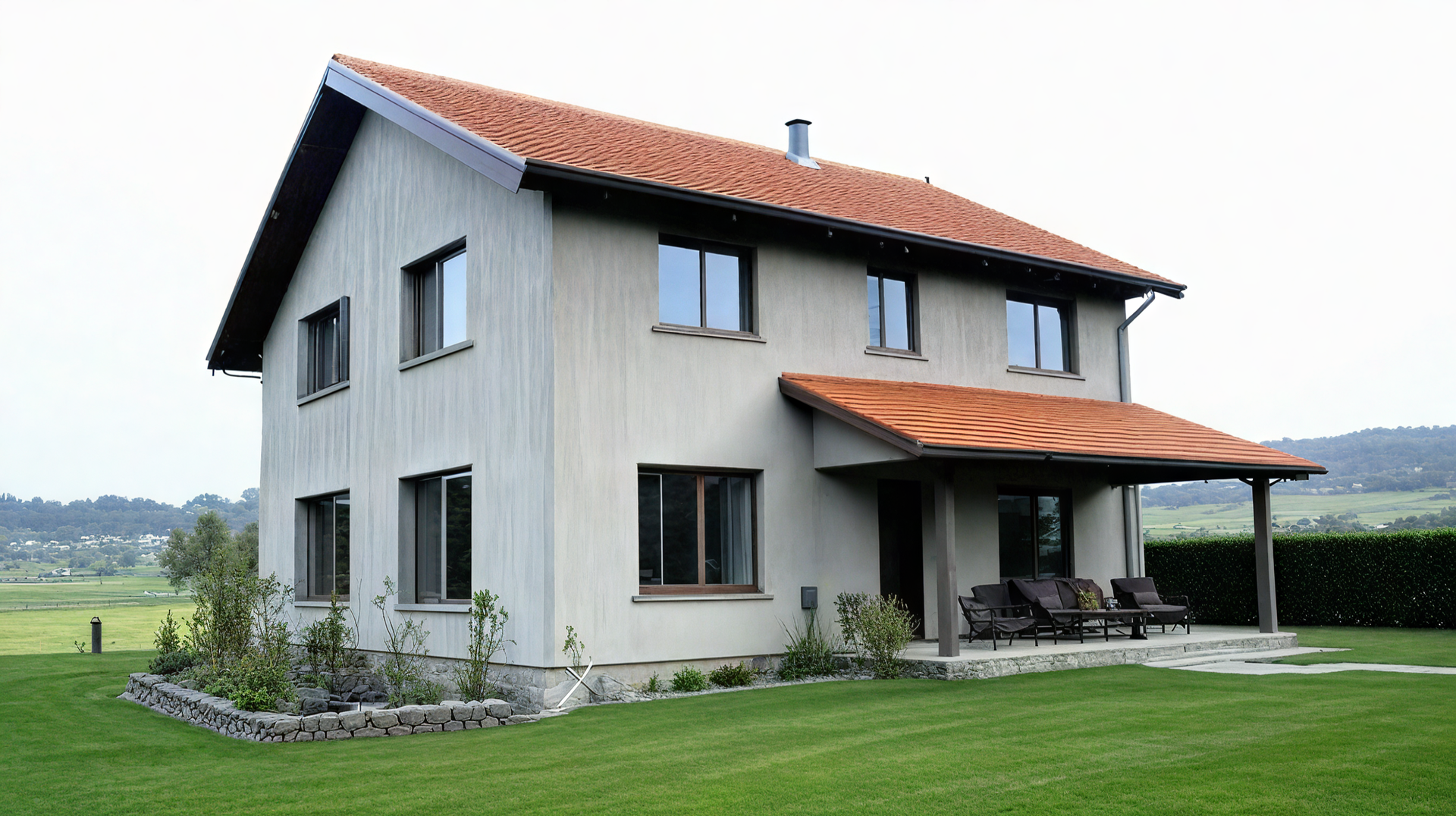 A living room with a couch, chairs, coffee table and fireplace.