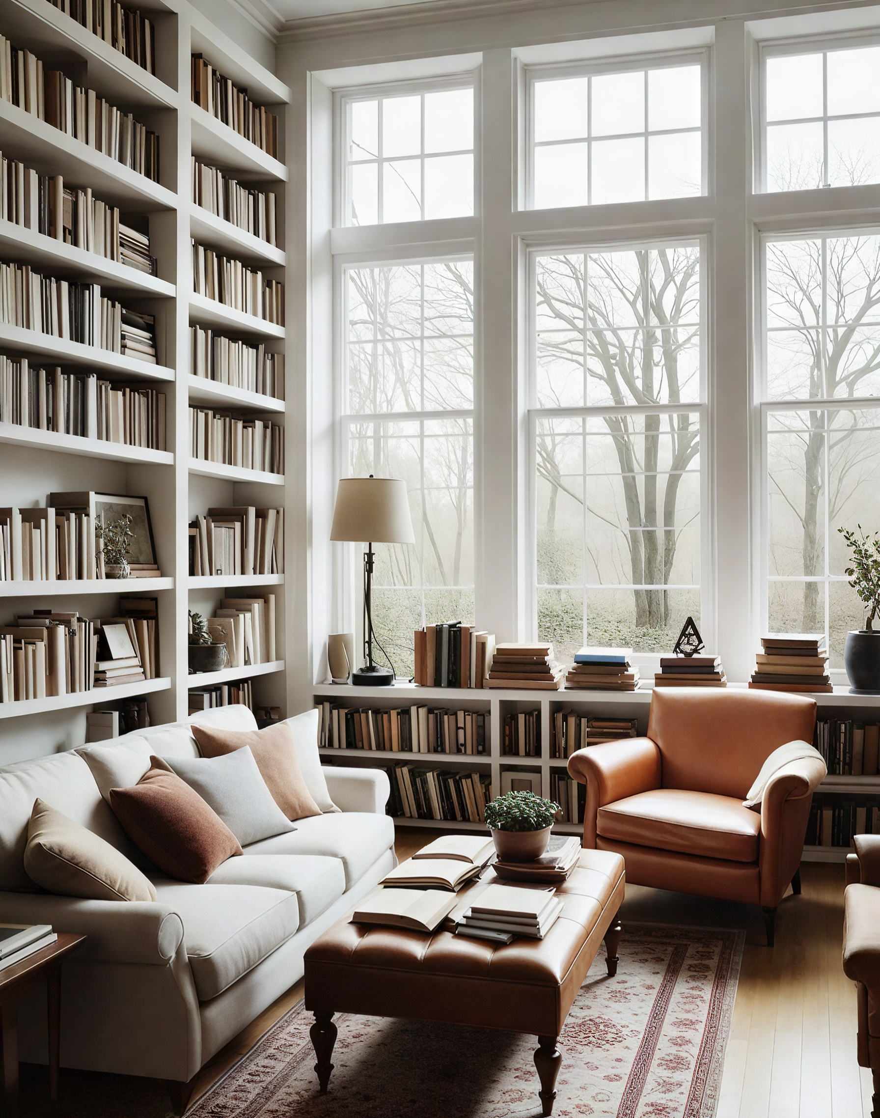 A living room with a lot of furniture and a large window.