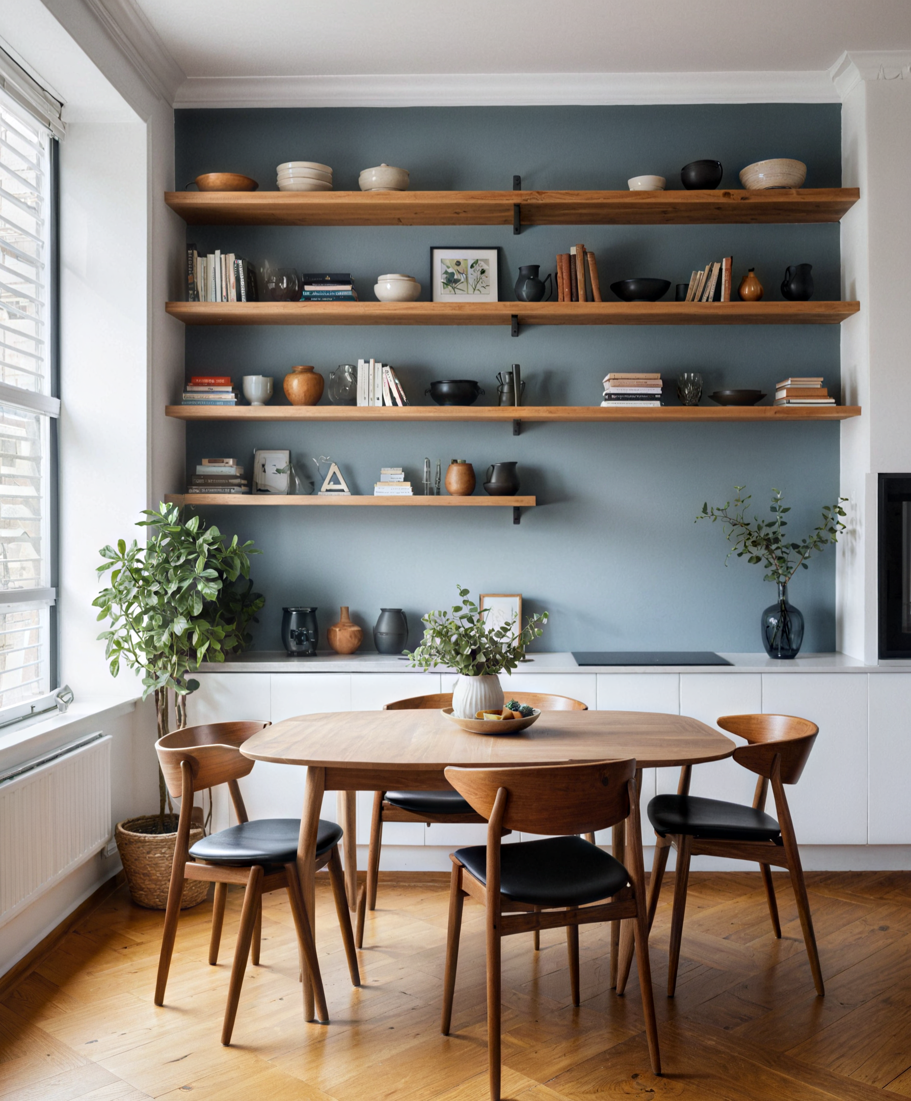 A kitchen with white cabinets, a sink, a table and chairs.