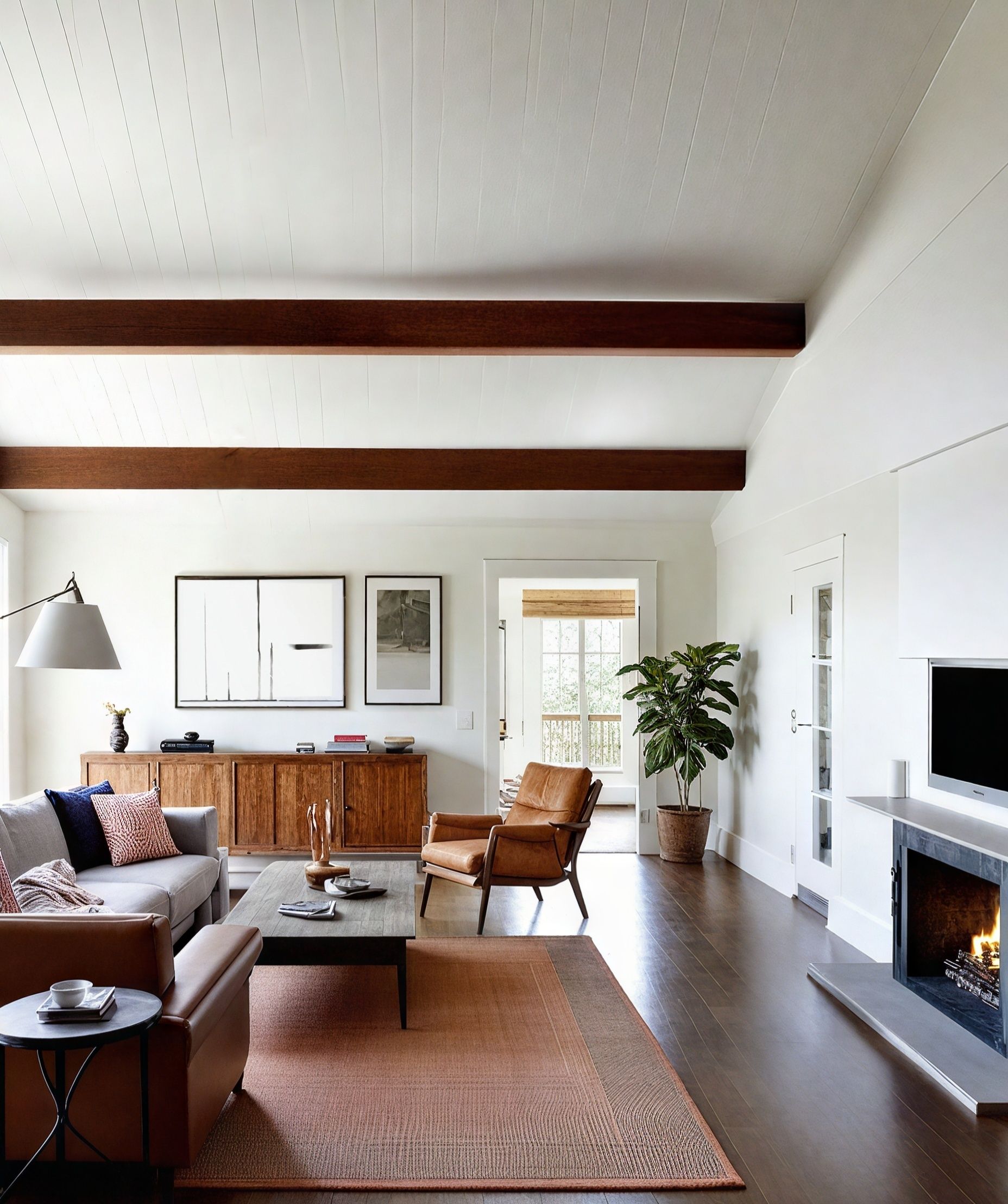 A living room with a couch, coffee table and chairs.