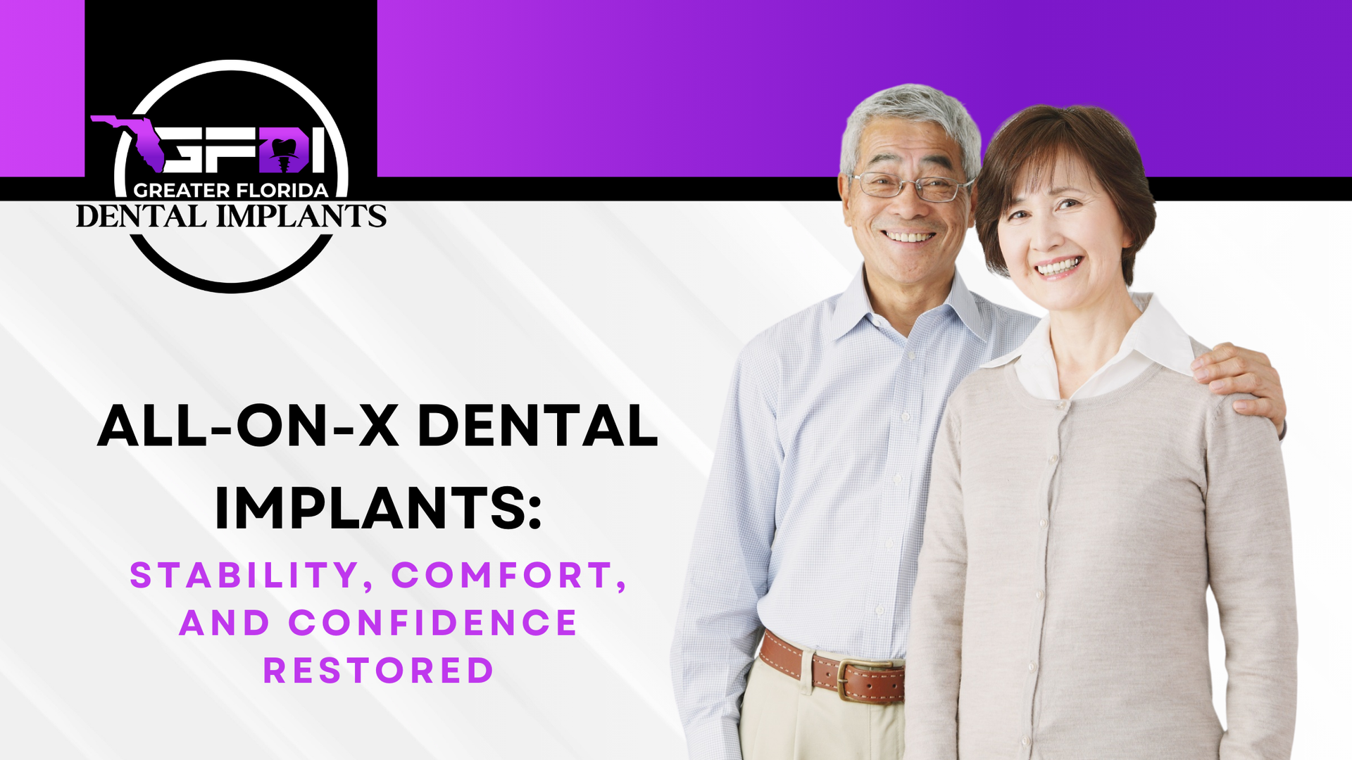 Smiling senior couple; ad for All-on-X dental implants. Purple banner. Text states: 
