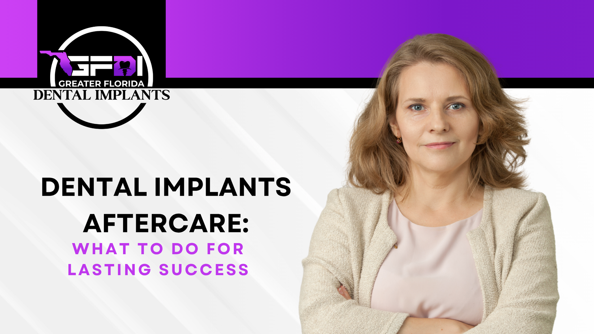 Woman in front of a banner