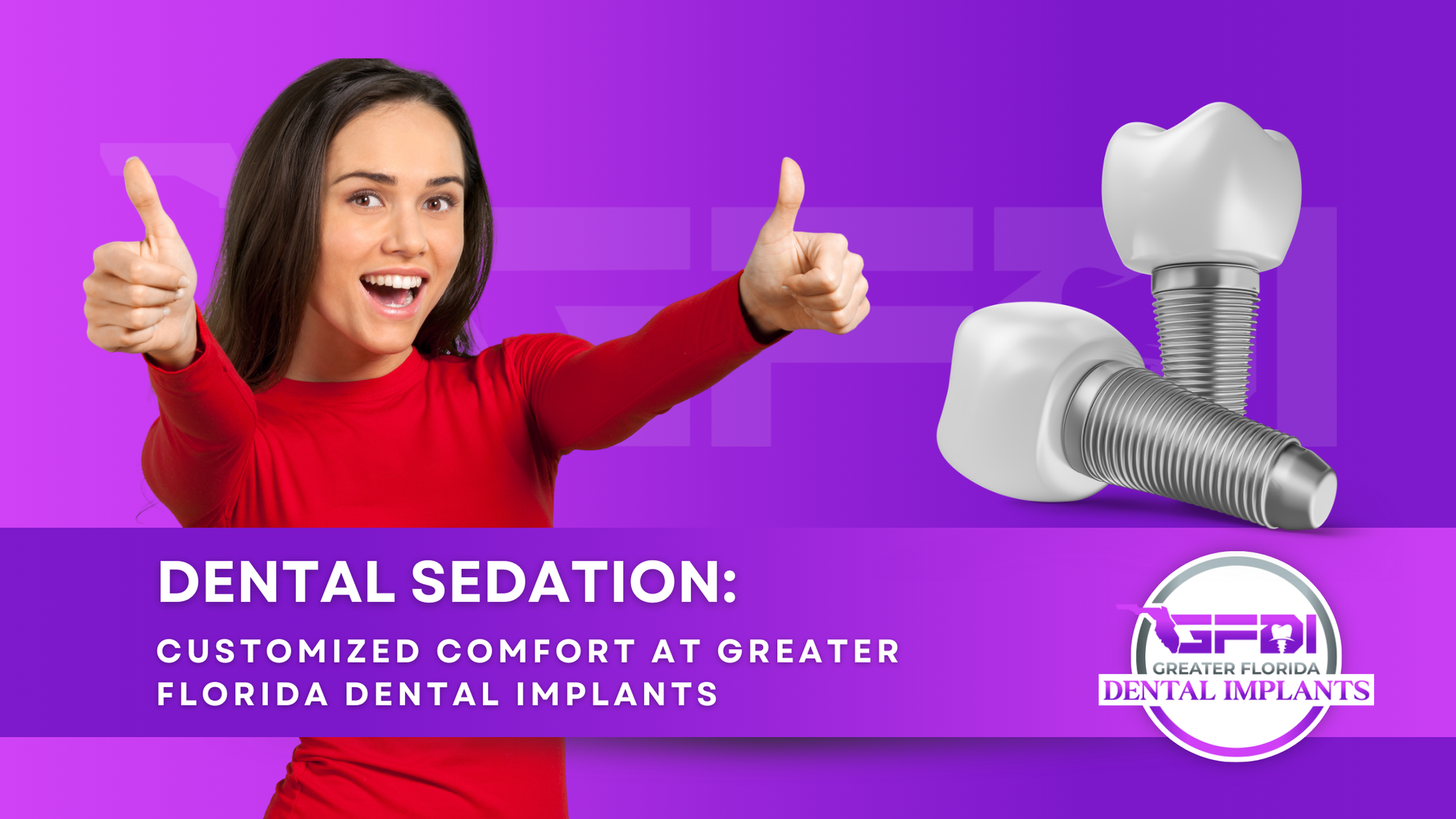 Woman giving thumbs up, purple background, dental implants displayed, text 