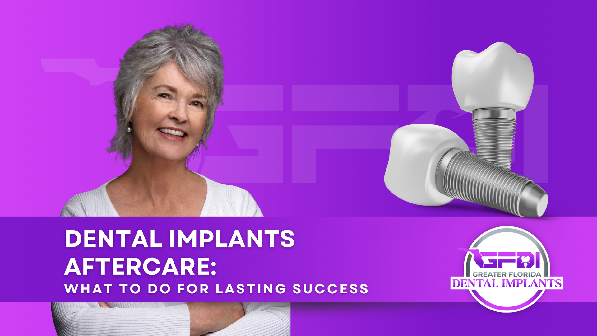 Woman smiling, dental implants graphic. Purple background, text: 