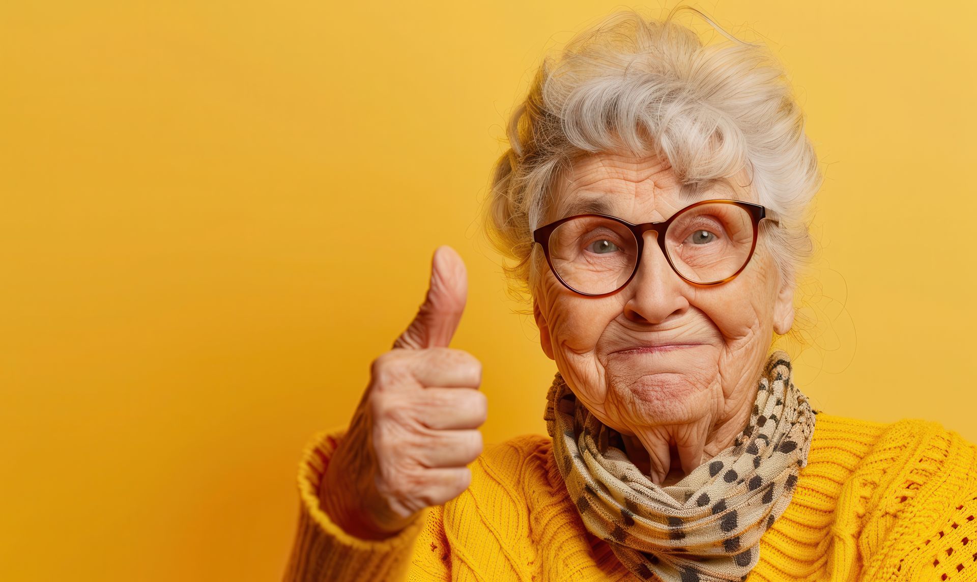 An elderly woman wearing glasses and a yellow sweater is giving a thumbs up.