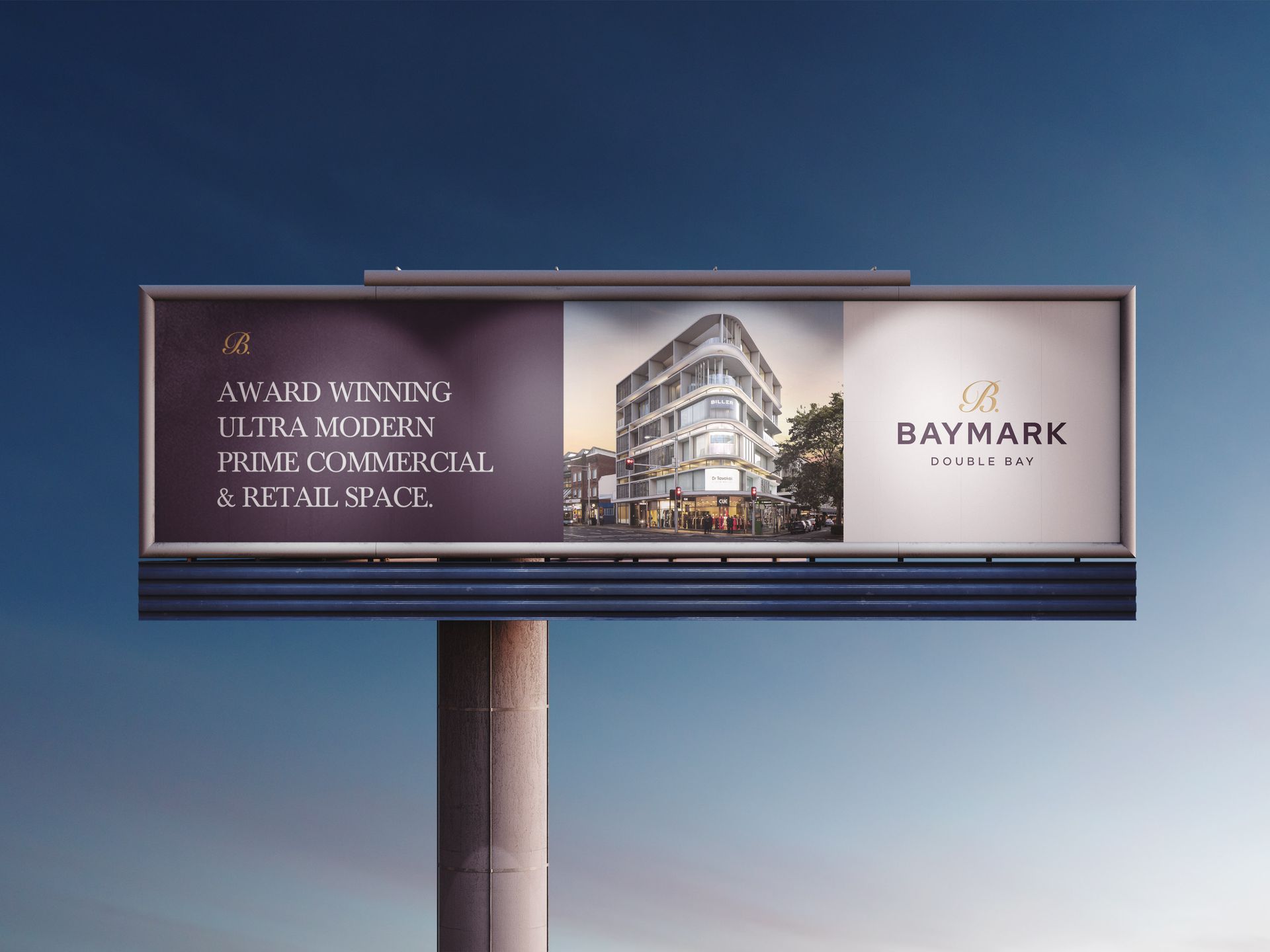 a billboard for baymark is against a blue sky