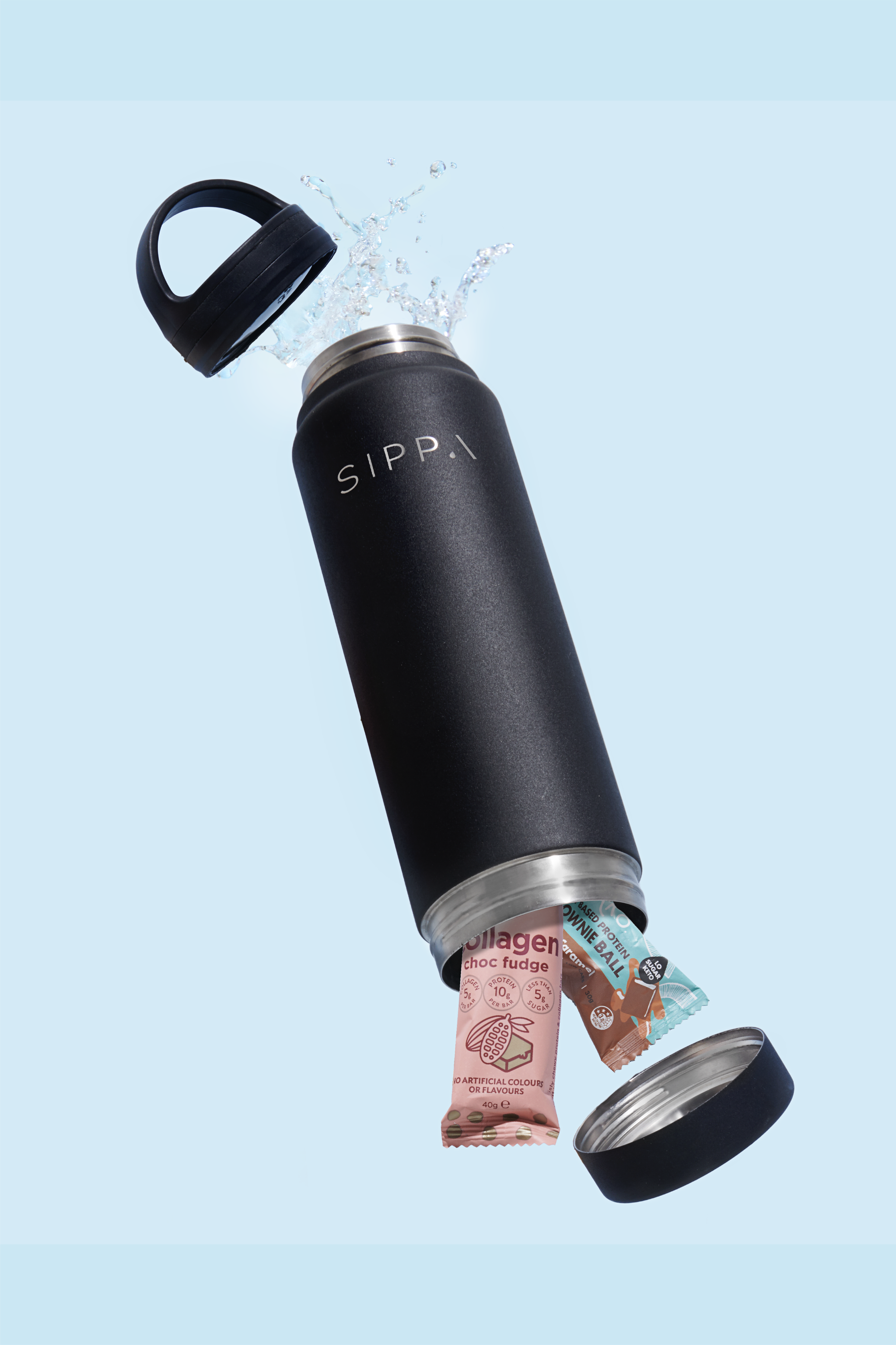 A black stainless steel water bottle with a straw inside of it.