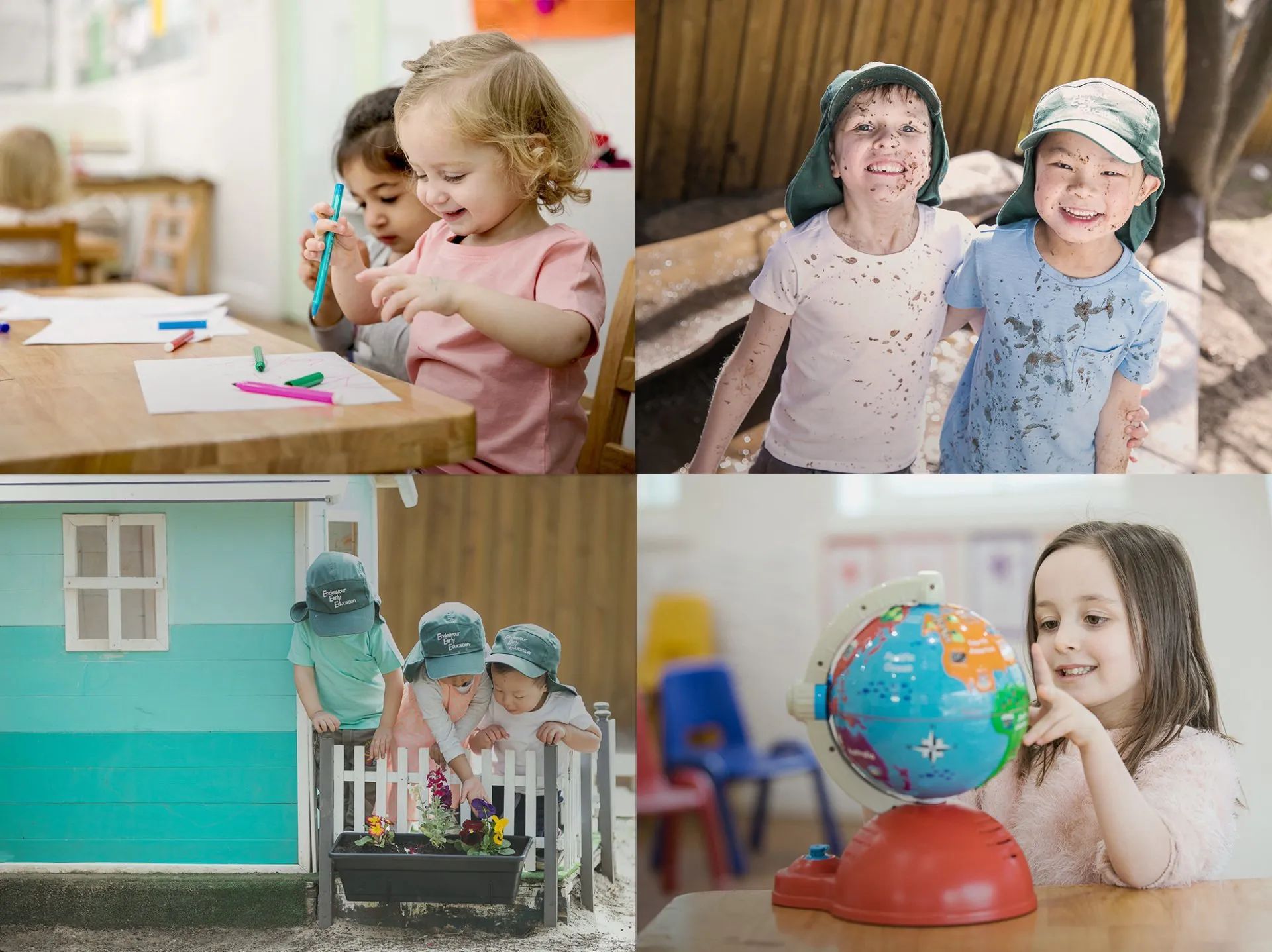 a collage of four pictures of children playing in a kindergarten .