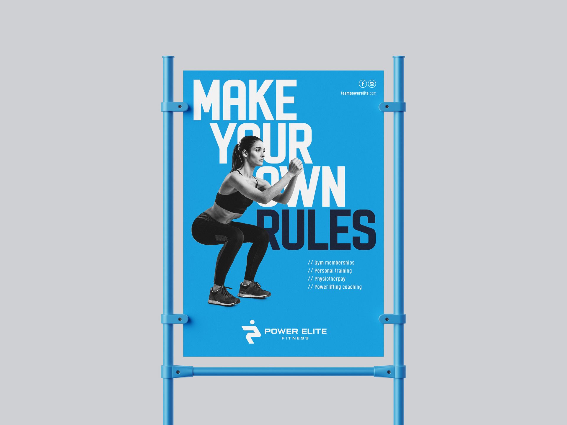 a blue poster with a woman squatting on it that says `` make your own rules '' .