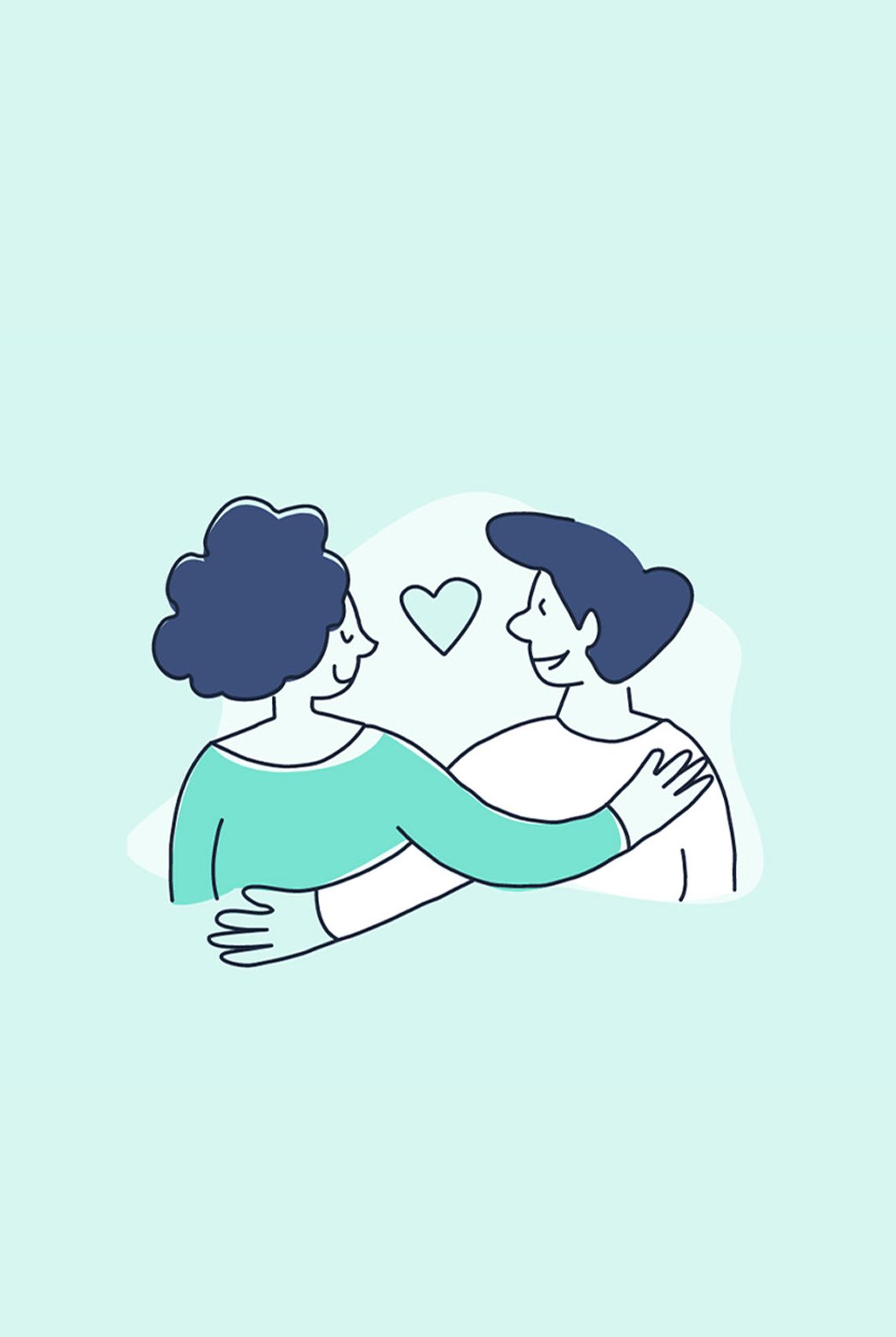 A couple of women hugging each other on a blue background.