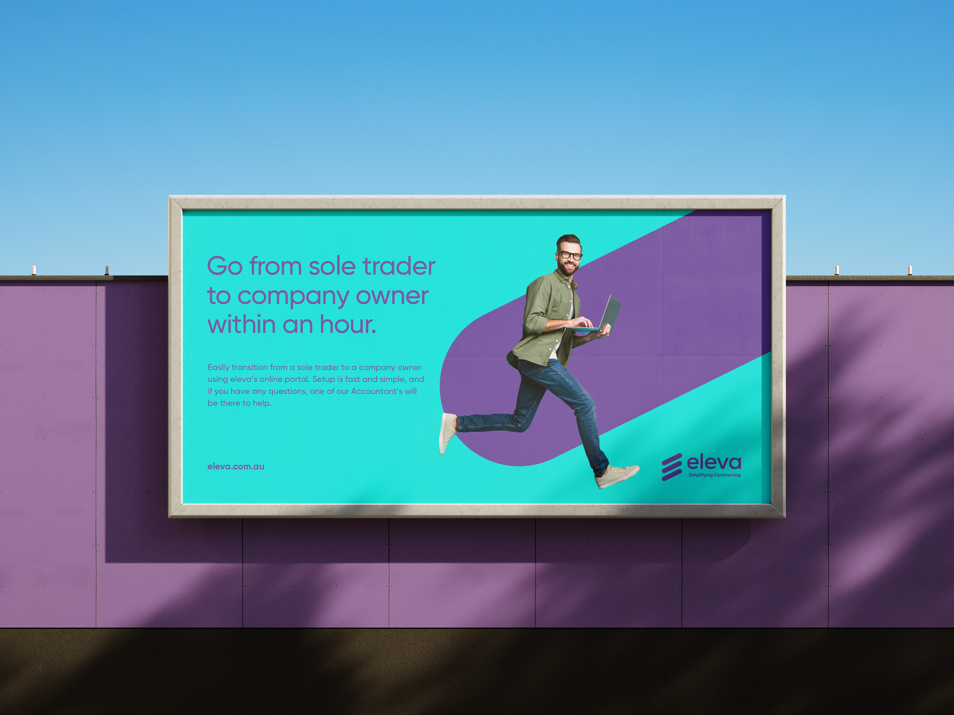 a man is running on a blue and purple billboard .