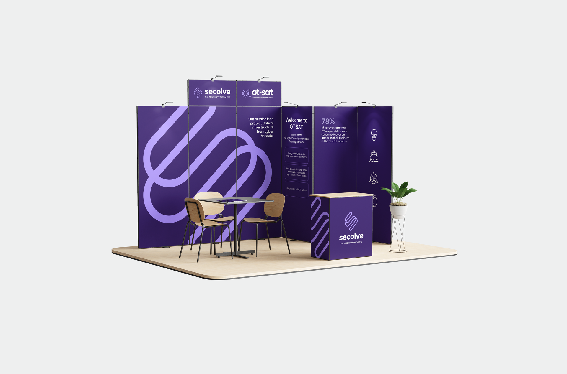 Secolve purple booth with a table and chairs on a white background .