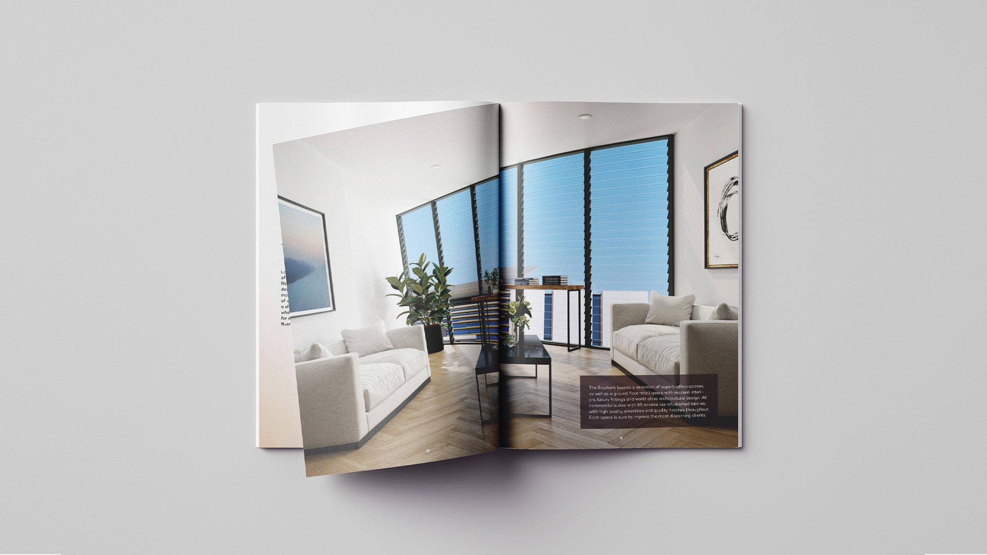 a magazine is open to a living room with a lot of windows .