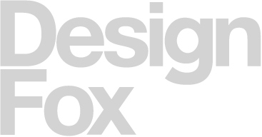 the logo for design fox is gray on a white background .