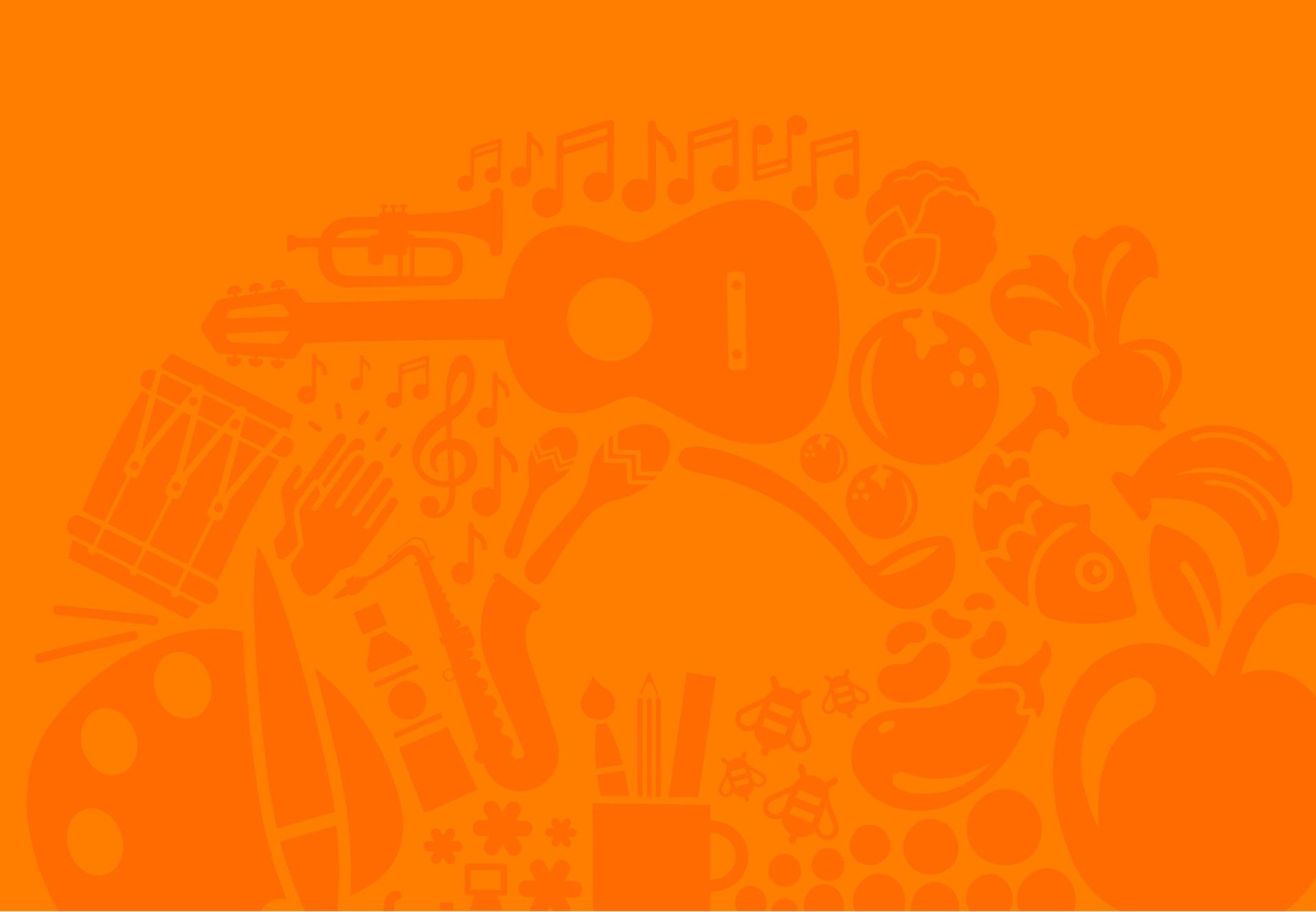 A bunch of musical instruments are lined up in a circle on an orange background.