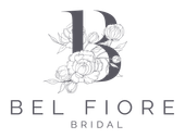 Logo for Bel Fiore Bridal: gray "B" with floral accents, text "Bel Fiore Bridal".
