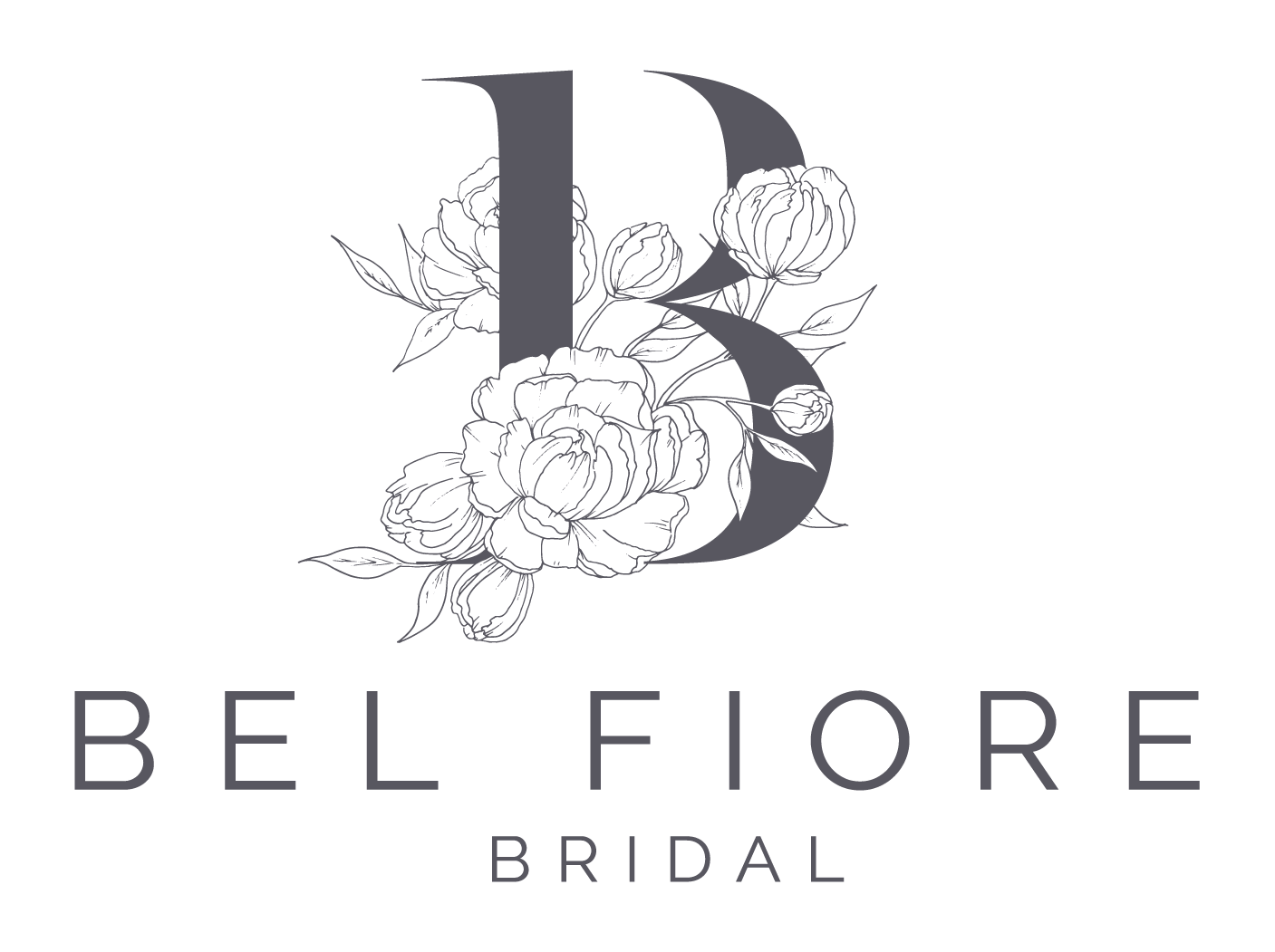 Logo for Bel Fiore Bridal: gray "B" with floral accents, text "Bel Fiore Bridal".