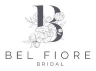 Logo for Bel Fiore Bridal: gray "B" with floral accents, text "Bel Fiore Bridal".