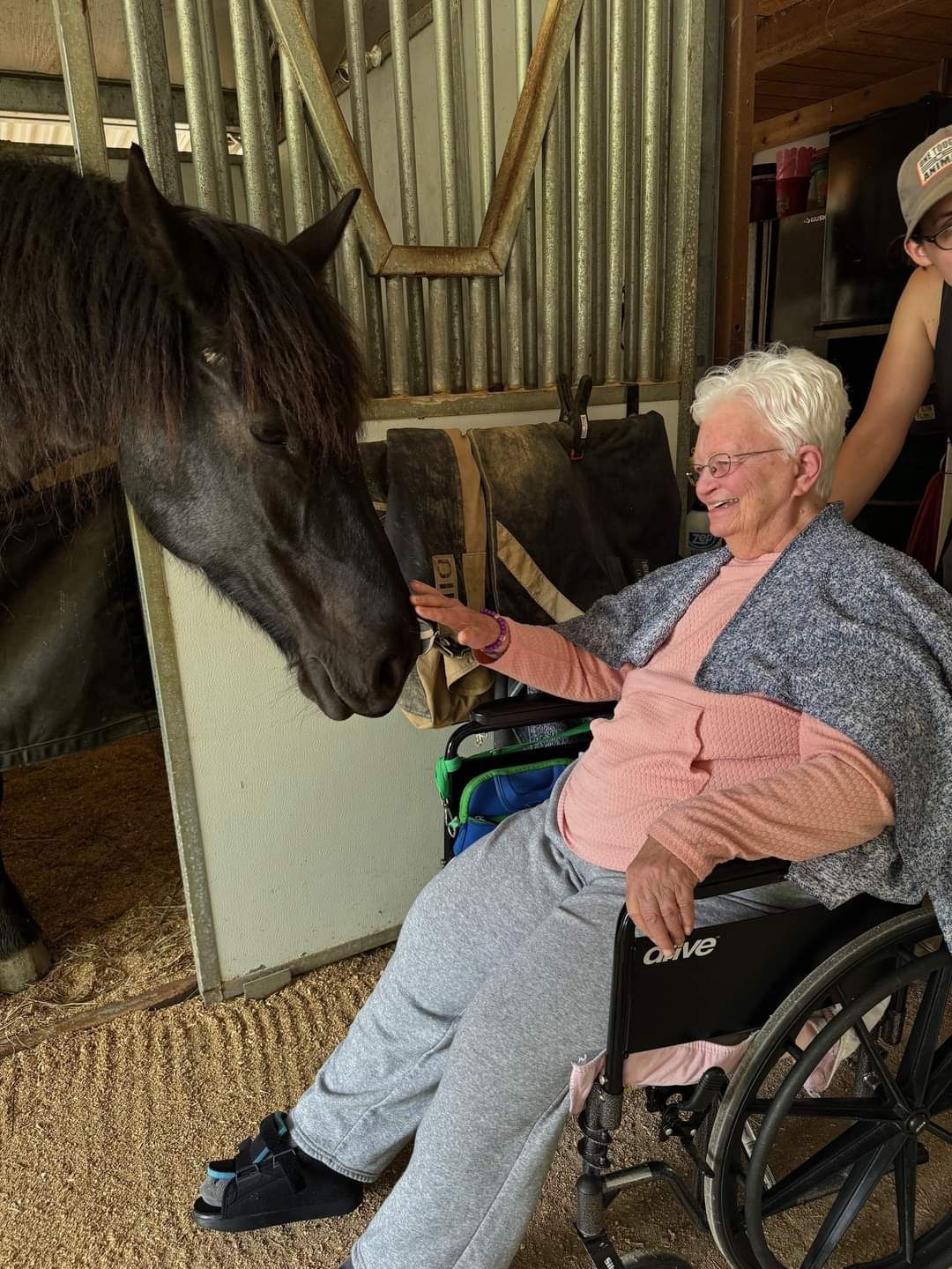 A woman in a blue jacket is petting a brown horse