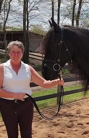 A woman is holding the reins of a black horse.