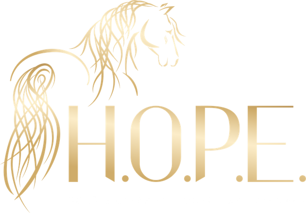 The H.O.P.E. Horses Offer Personal Empowerment Logo with Golden and shite and text a horse graphic