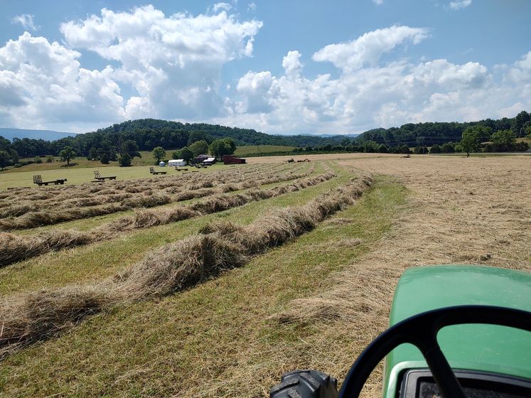 A person is driving a green tractor through a field of hay.