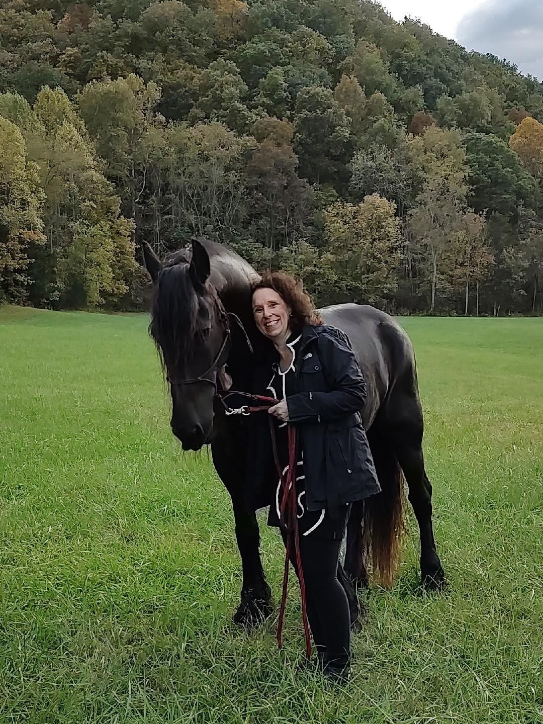 A woman is standing next to a large black horse in a grassy field.