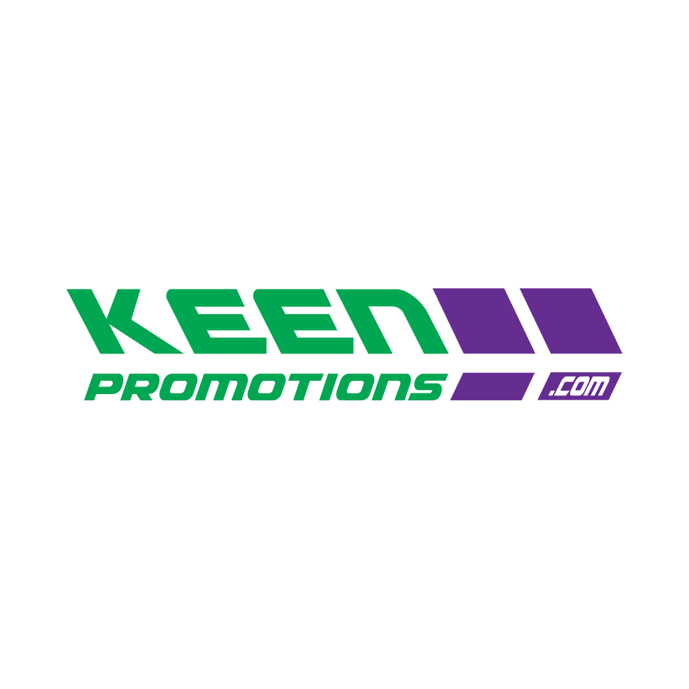 A green and purple logo for keen promotions.
