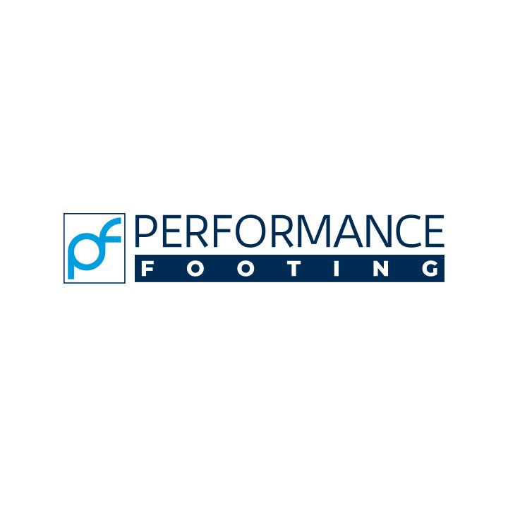 A blue and white logo for performance footing on a white background.